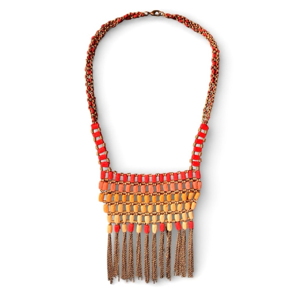 Anthropologie brass bead and chain statement necklace w/ colorful threaded beads